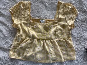 Kirious LA Womens Small Yellow Gingham Daisy Embroidered Peplum Top Cottage
